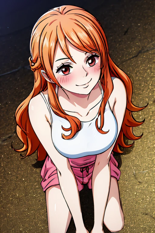 Long Hair, Silky orange hair,Pinkish white skin,Chewy skin,Large Breasts, Marshmallow-like breasts,Highly detailed CG illustration,Chewy thighs,beautiful,((High resolution)), (((Highest quality ))),Realistic beautiful skin,pale pink lips,(masterpiece),one person, gauze, Beautiful Face,Black bodysuit,Top view,Open-chested,Blushing,  Heavy breathing, Deformed cheek blush, Red face, smile, 