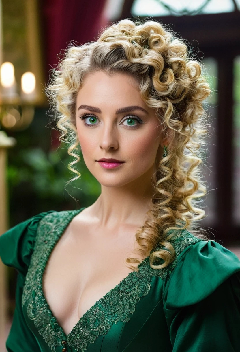Show me a with blonde curly hair and green eyes., with her hair in a half-updo and wearing an Edwardian-style dress, elegant, inside a mansion