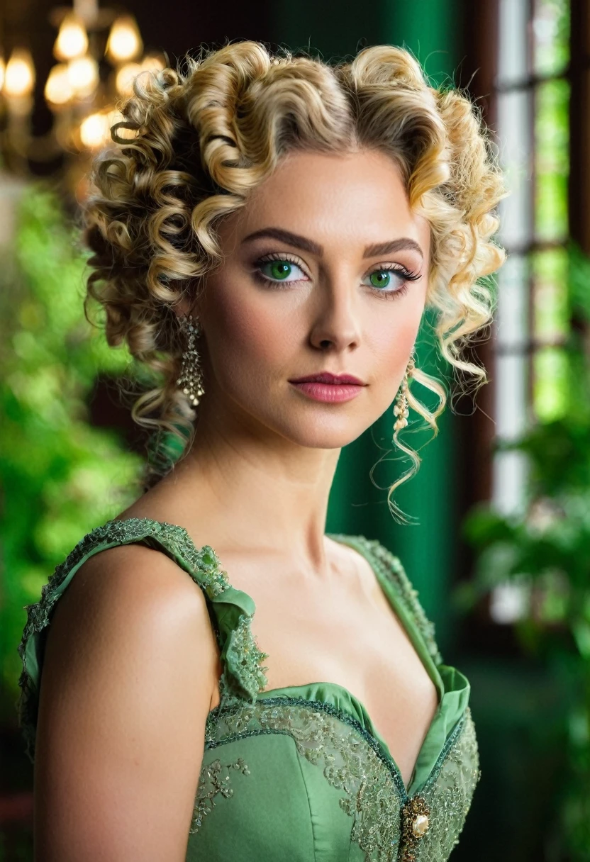 Show me a with blonde curly hair and green eyes., with her hair in a half-updo and wearing an Edwardian-style dress, elegant, inside a mansion