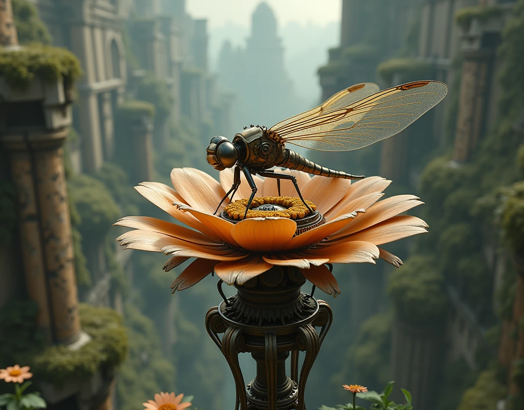 mechanical elegant dragonfly, ancient mechanism, fantasy art, ancient civilization, sitting on the mechanical flower, from above