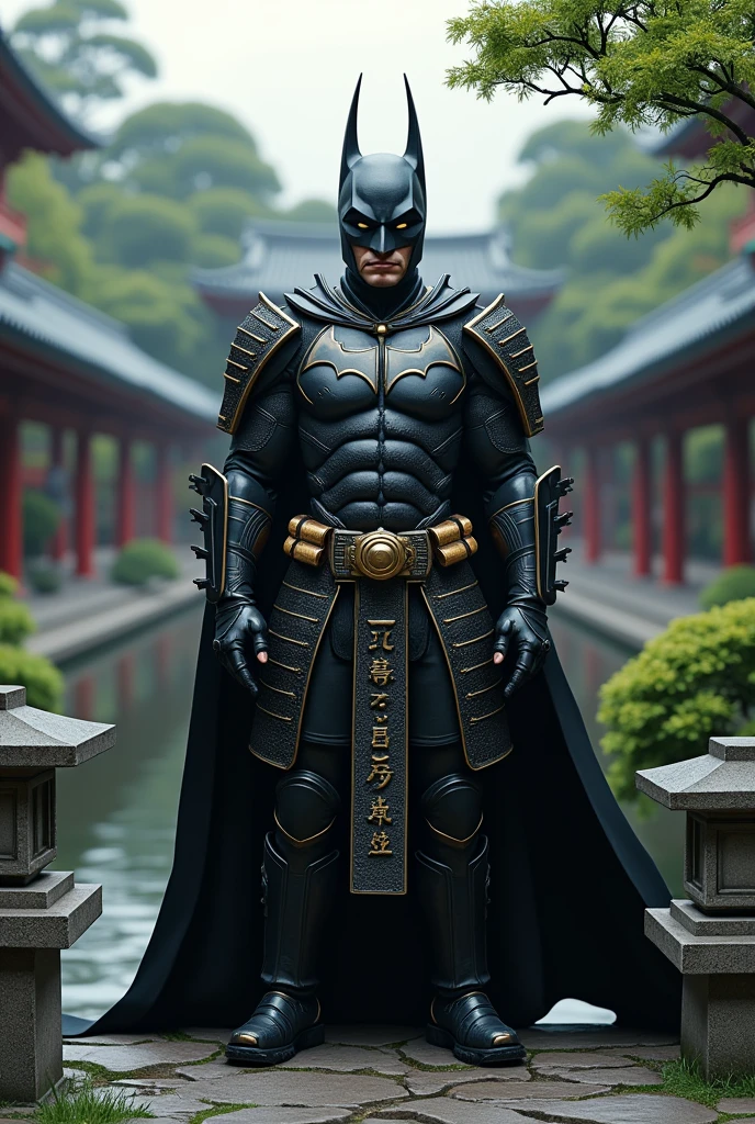 Create the Batman character in a samurai style in a Japanese temple 