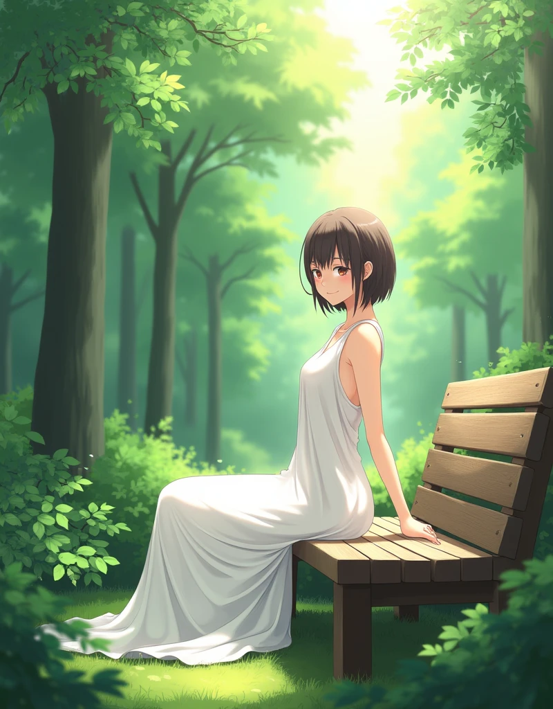 Create a anime style landscape image. Digital illustration featuring a young woman with short, dark brown hair, sitting on a wooden bench in a lush, sunlit forest. She is wearing a sleeveless, white dress that drapes elegantly over her form. The background is filled with dense green foliage, with sunlight filtering through the trees, creating a serene and peaceful atmosphere. The woman's facial features are soft and contemplative, with a fair skin tone. The overall style of the illustration is realistic with a touch of anime influence, characterized by detailed shading and vibrant colors.