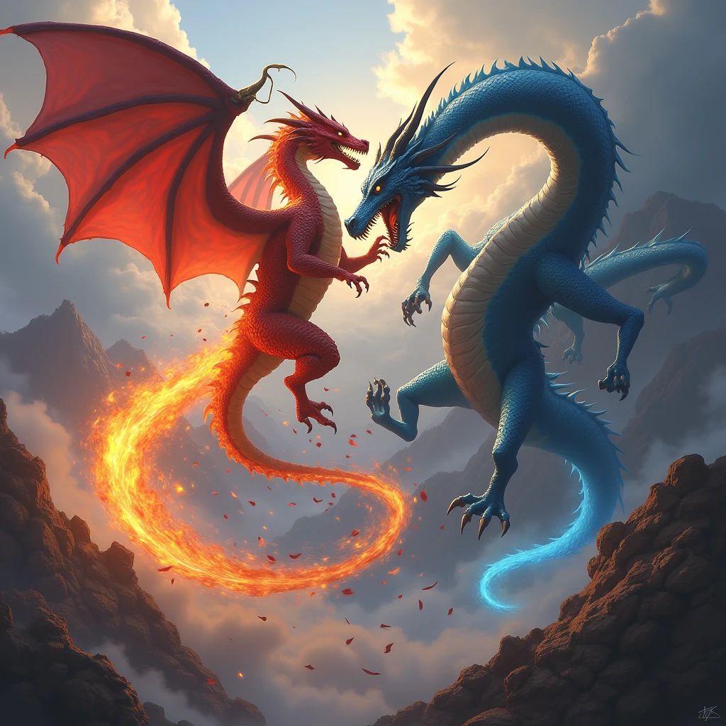 Red and blue dragon flying and spitting fire
