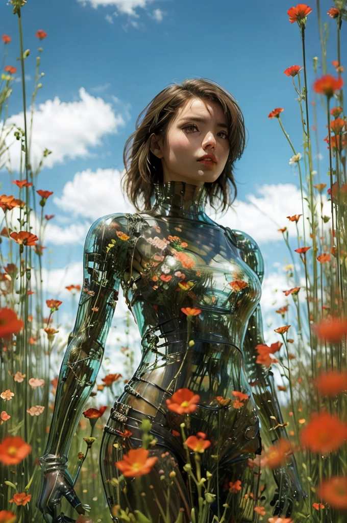 1 girl, looking at the audience, realistic, long hair, long hair blown by wind, solo, flowers, sky, sky, outdoor, short hair, brown long hair, science fiction, blur, grass, realism, clouds, blue sky, chest, lips, transparent, transparent, transparent, 