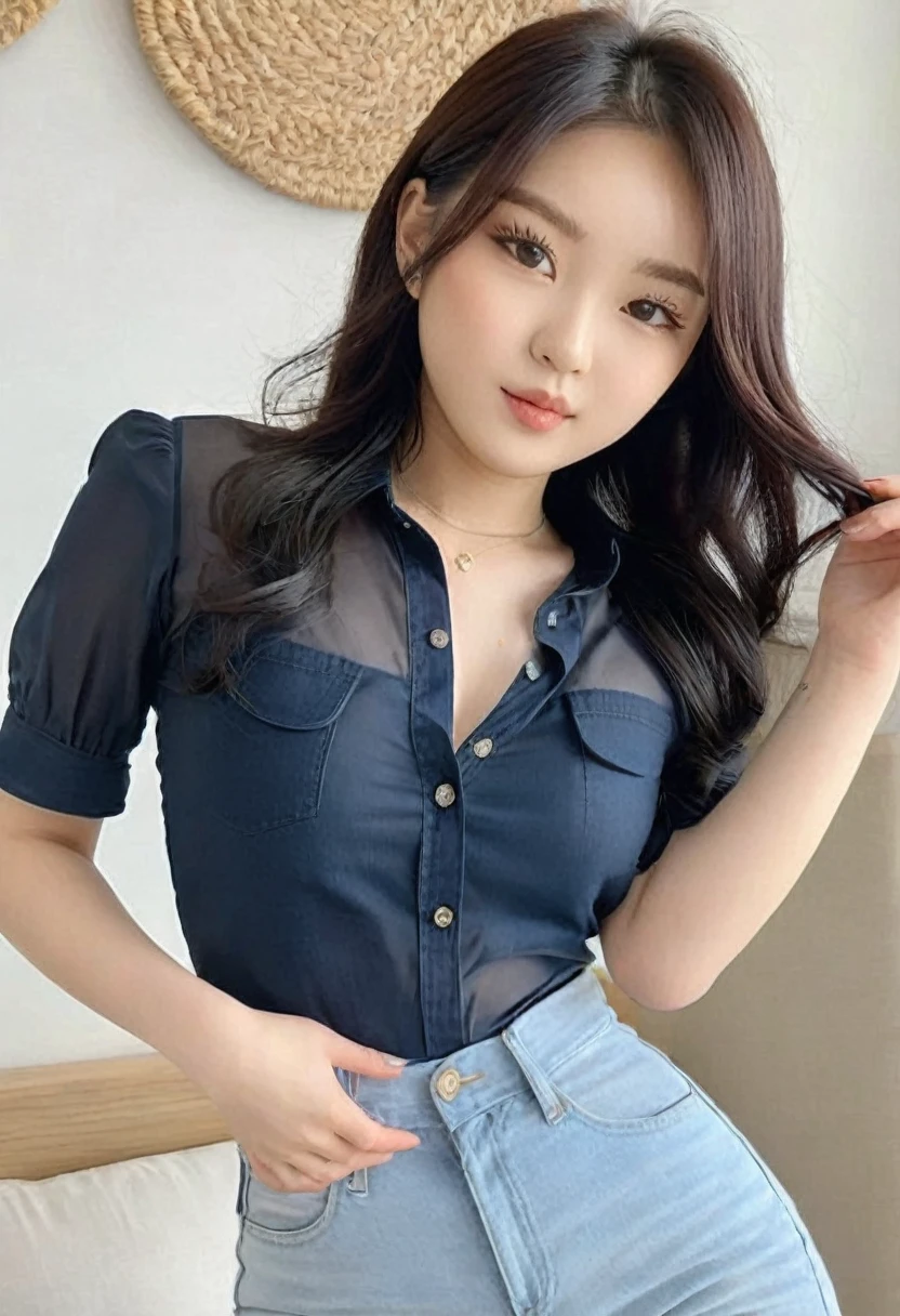 (((high quality:1.2))), Work of art, (8k), extremely detailed, ((High detail:1.2)) ((best resolution)), (HotLexi), Solo, ((24 years old Korean Ulzzang female)), (blouse, jeans), (hot perfect hourglass-shaped body), (small cute breasts),(pretty perfect square defined model face:1.35),