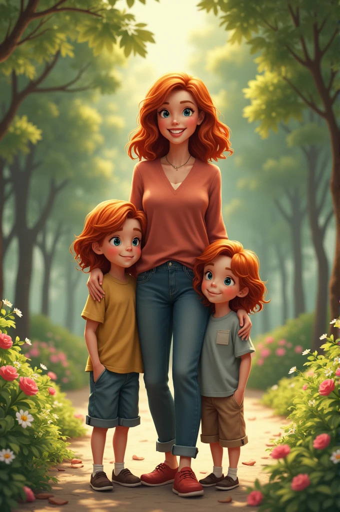 A red-haired woman with a pair of red-haired twins in a realistic park