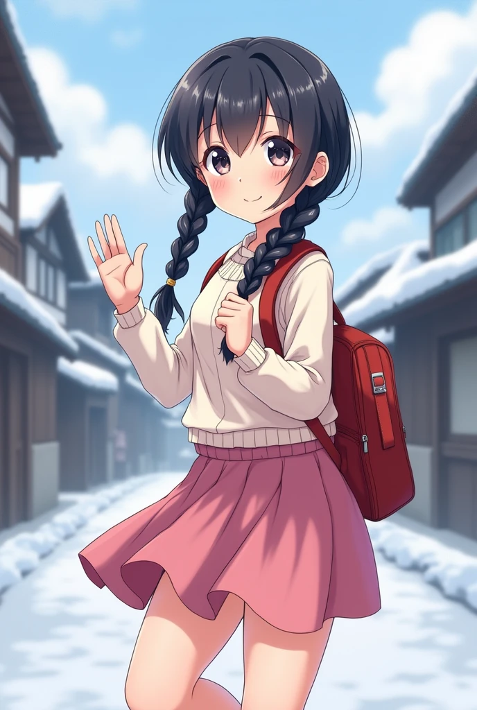 young, Highest quality, masterpiece, Ultra-high resolution, 8k, Pink Skirt, Anime Styleリトル , single, Ultra-fine line art, Digital Enhancement, Anime Core, Flowing fabric, , close, ((Braided hair that reaches the shoulders)), Staring at us from the front, Soft Drawing, Beautiful black hair, (((Anime Style)), Clear Eyes, shy, smile, Red School Bag, High five, Ultra High Definition Digital Anime Art, Clear facial depiction, Ultra detailed anime character art, Ultra-detailed manga style, Highest qualityの色, hand, Leg lift angle, Snow Scene, Japanese countryside, You can see her white panties