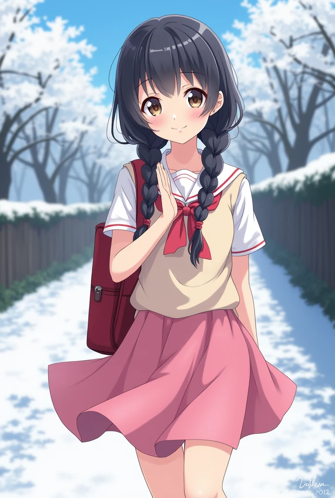 young, Highest quality, masterpiece, Ultra-high resolution, 8k, Pink Skirt, Anime Styleリトル , single, Ultra-fine line art, Digital Enhancement, Anime Core, Flowing fabric, , close, ((Braided hair that reaches the shoulders)), Staring at us from the front, Soft Drawing, Beautiful black hair, (((Anime Style)), Clear Eyes, shy, smile, Red School Bag, High five, Ultra High Definition Digital Anime Art, Clear facial depiction, Ultra detailed anime character art, Ultra-detailed manga style, Highest qualityの色, hand, Leg lift angle, Snow Scene, Japanese countryside, You can see her white panties