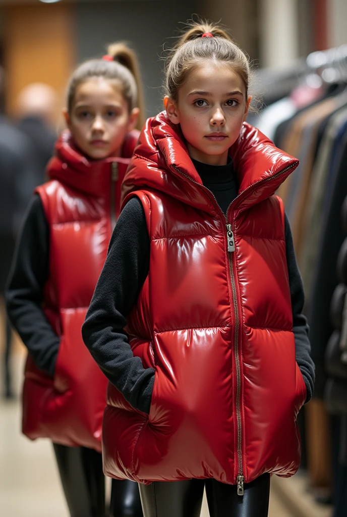 a slim ponytail girl and her bestie walking in a puffershop,beautiful detailed eyes,beautiful freckles,beautiful detailed lips,extremely detailed eyes and face,longeyelashes, wearing beautiful detailed skintight airtight hood covering her head formfitting duvetica overfilled shiny super gleamy thick glossy puffervest covering over her padded high-collared pufferjacket, shiny latex leggings,symmetrical,masterpiece,cinematic,lifelike,hyperrealistic,8k,photorealistic,highly detailed,intricate,exquisite,elegant,beautiful,stunning,peoples trying on puffervests