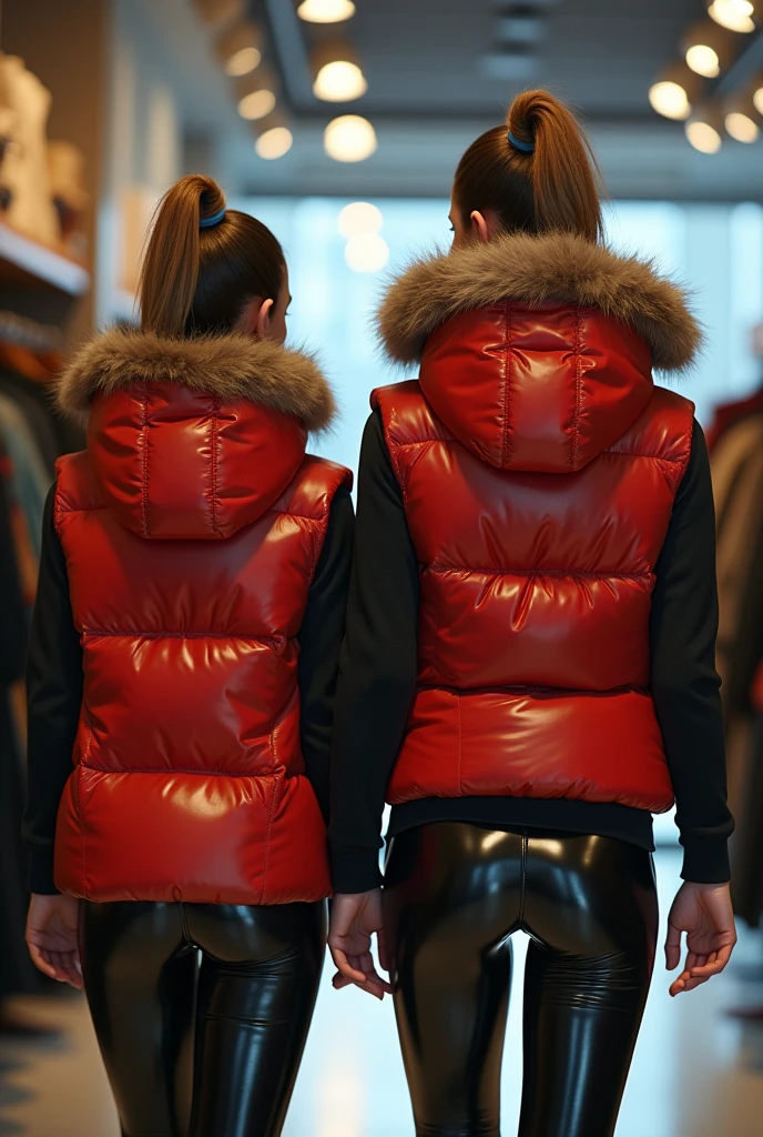 a slim ponytail girl and her bestie walking in a puffershop,beautiful detailed eyes,beautiful freckles,beautiful detailed lips,extremely detailed eyes and face,longeyelashes, wearing beautiful detailed skintight airtight hood covering her head formfitting duvetica overfilled shiny super gleamy thick glossy puffervest covering over her padded high-collared pufferjacket, shiny latex leggings,symmetrical,masterpiece,cinematic,lifelike,hyperrealistic,8k,photorealistic,highly detailed,intricate,exquisite,elegant,beautiful,stunning,peoples trying on puffervests