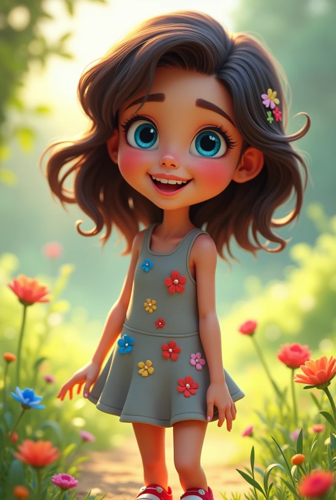 A fun-loving character with blue eyes, dark brown wavy hair, wearing red All Stars and a grey dress with colorful flowers.