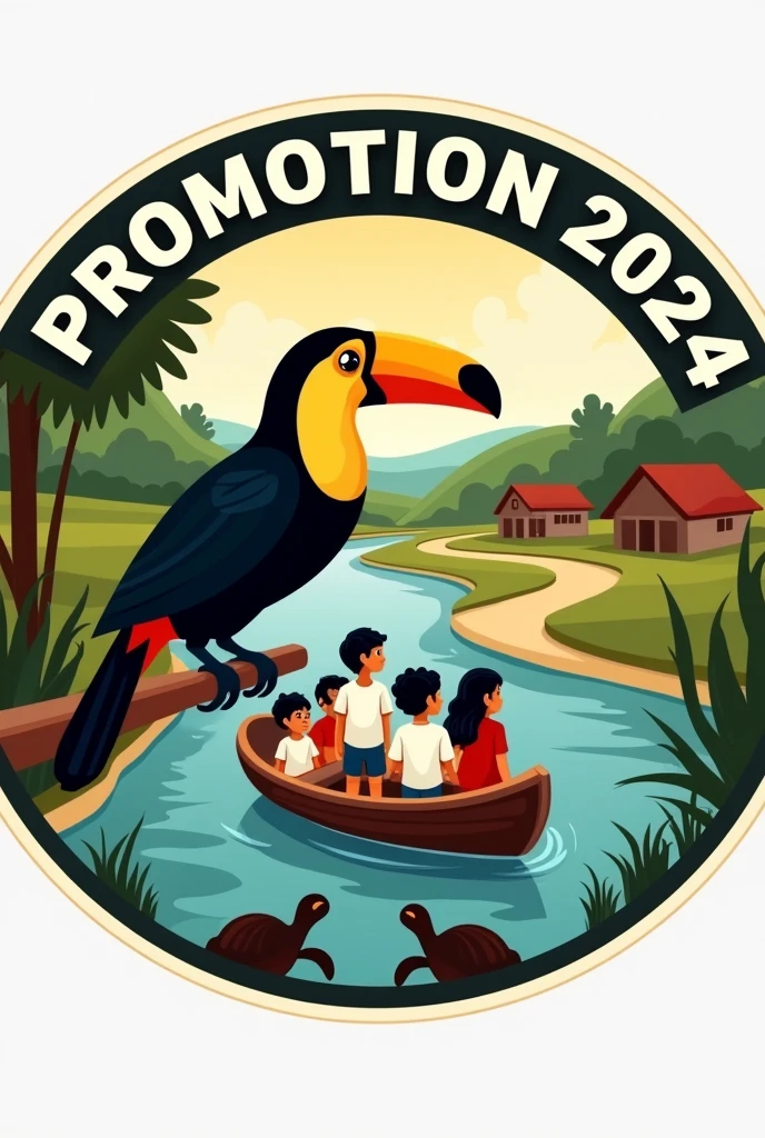Make me a graduation logo in a circle that says promotion on top and 2024 on the bottom and that in the background there is a river and a dirt road, there are some little houses and it has a big toucan and in the river there are indigenous children with white shirts going by in a little wooden boat for school. At the bottom of the logo there are two turtles. 