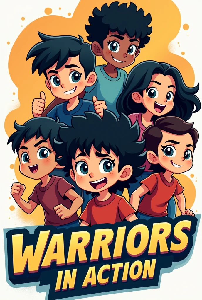 Design a cartoon logo featuring 11-year-old girls and boys with black hair for a news program called "Warriors in Action"