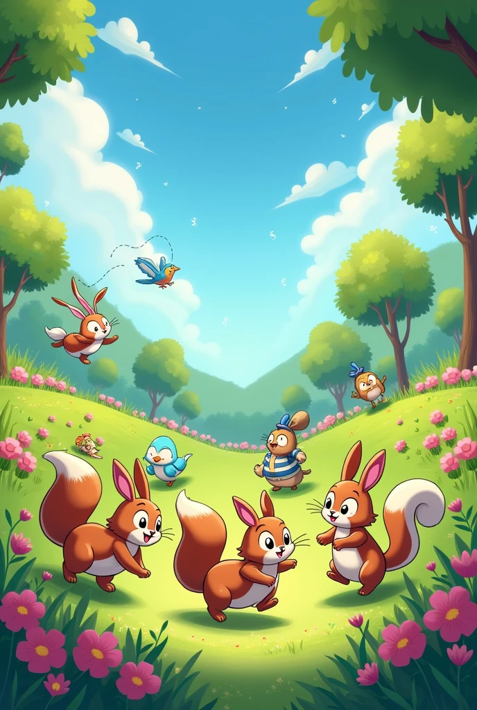 A colourful park with animated animals playing