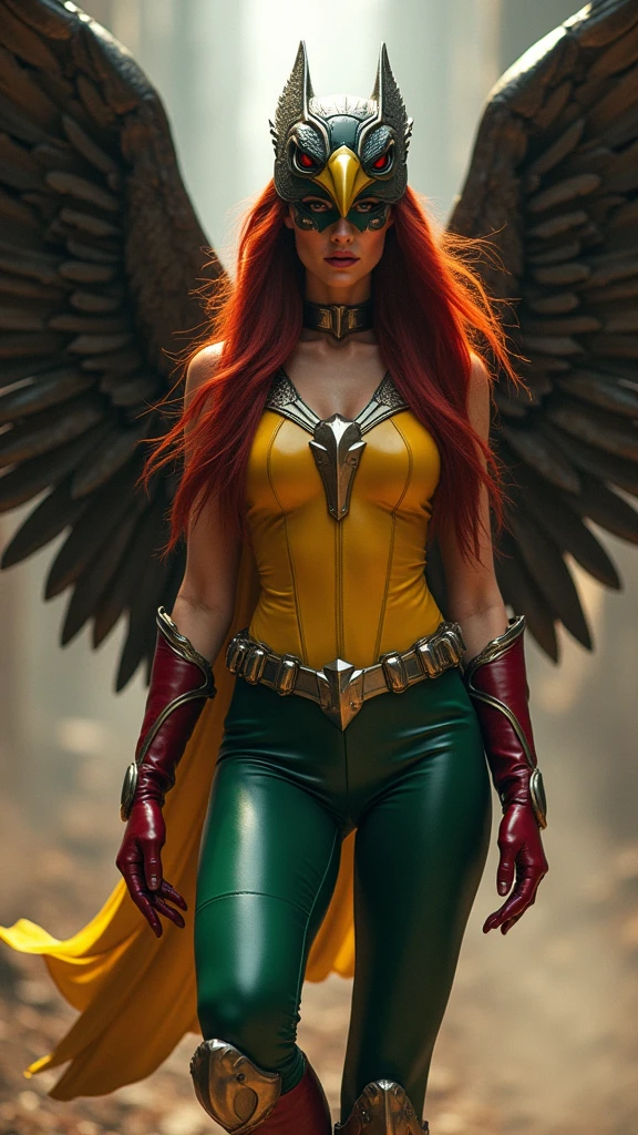 Adriana Lima under the mantle of the Thanagarian warrior Shayera Holl. Long red hair, yellow and green corset suit, green leggings, red boots, large brown wings. Justice League, DC universe.