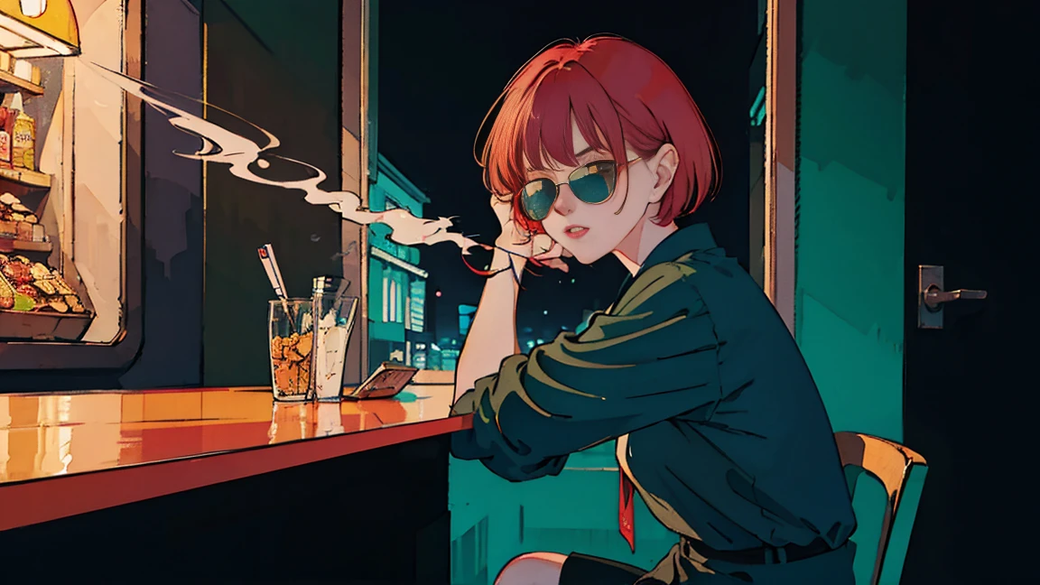 Asian beauty with red hair sitting in diner at night, looking through window, perfect face, sunglasses, smoking white Taylormade cigarette, neon black, (backlight: 1.1), hard shadow, masterpiece, top quality, complex, model shooting style, vintage, film grain, imperfect details.