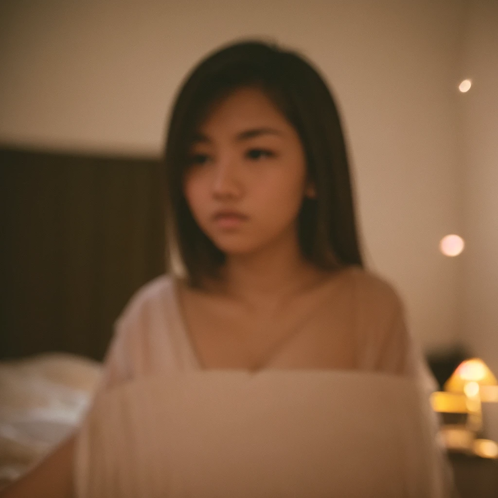 Sumilux f2.8 50mm , Polaroid , low Latitude old color negative film , cross process , bokeh , Long exposure , blur , flare, chromatic aberration , soft focus, Shallow focus , soft glow , Maximum aperture, low Key , Transparent depiction , Tyndall , thick woman , looking away , (in the bedroom:1.3) , dim light