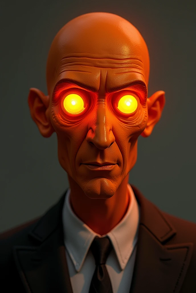 An orange skinned man, wearing a suit. His eyes are bright orange, glowing and without pupils