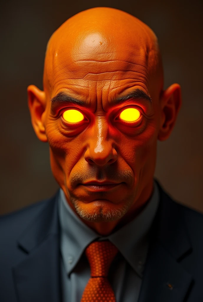 An orange skinned man, wearing a suit. His eyes are bright orange, glowing and without pupils