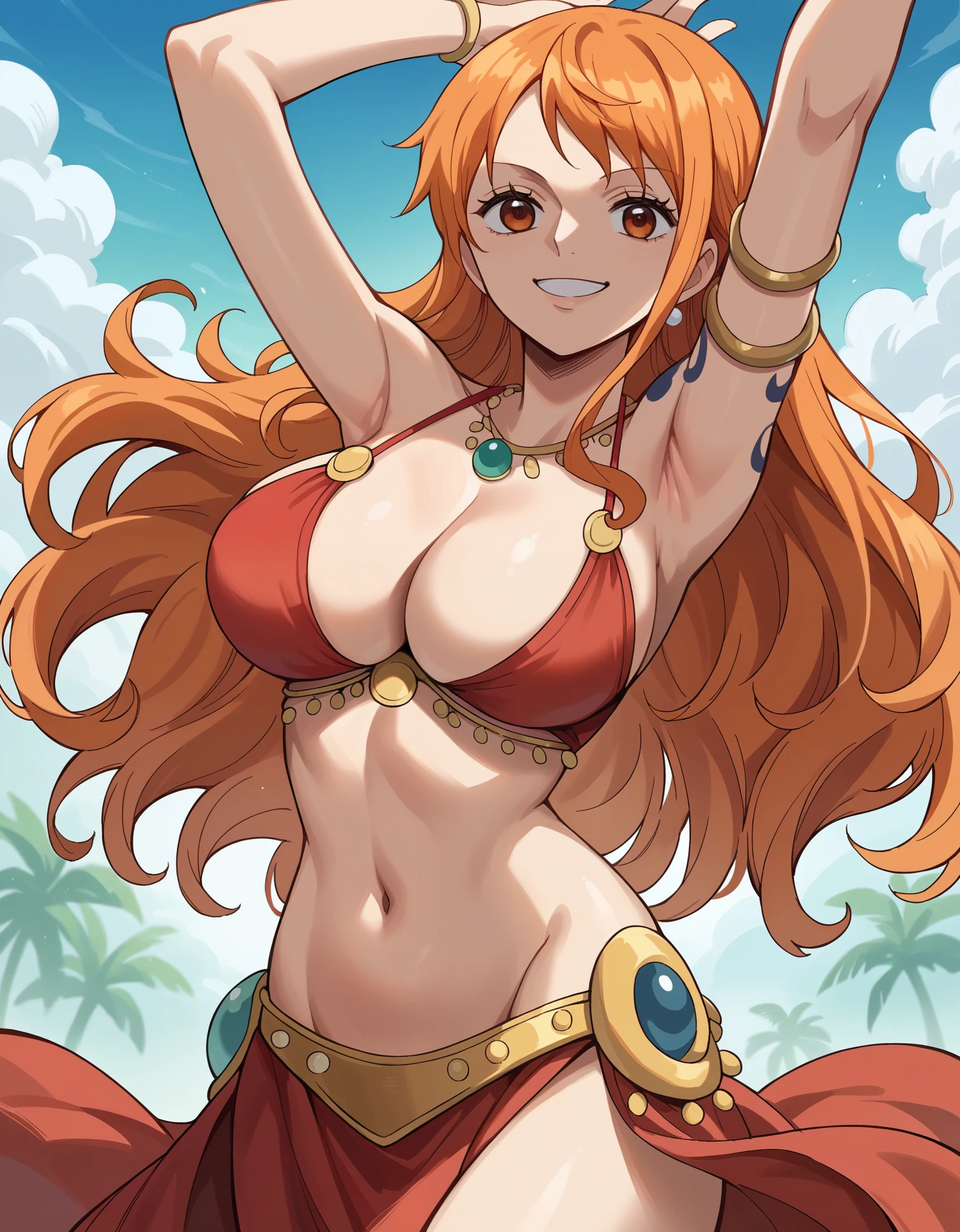 score_9, score_8_up, score_7_up, source_anime, best quality, clear face, Nami, orange hair, long hair, orange eyes, large breasts, cleavage, looking at viewer, outdoor, bellydancer, red clothes, navel, smile, arms up, dynamic angle, cowboy shot