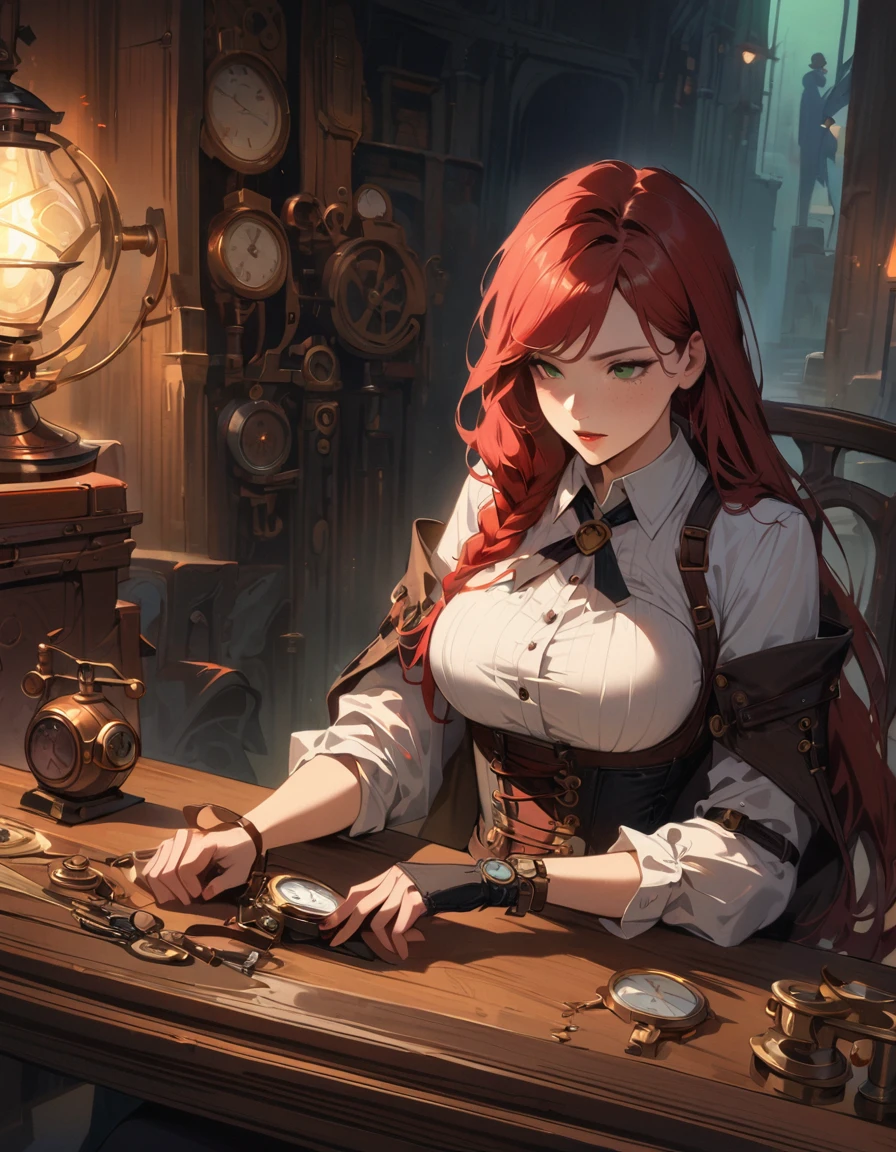 detailed textures, high quality, high resolution, high precision, realism, color correction, correct lighting settings, harmonious composition. Steampunk And, a beautiful woman, sitting at a table, fixing a watch, with freckles, green eyes and long red hair, braided, in a corset with big breasts, a steampunk girl--ar 3:4 --niji 6