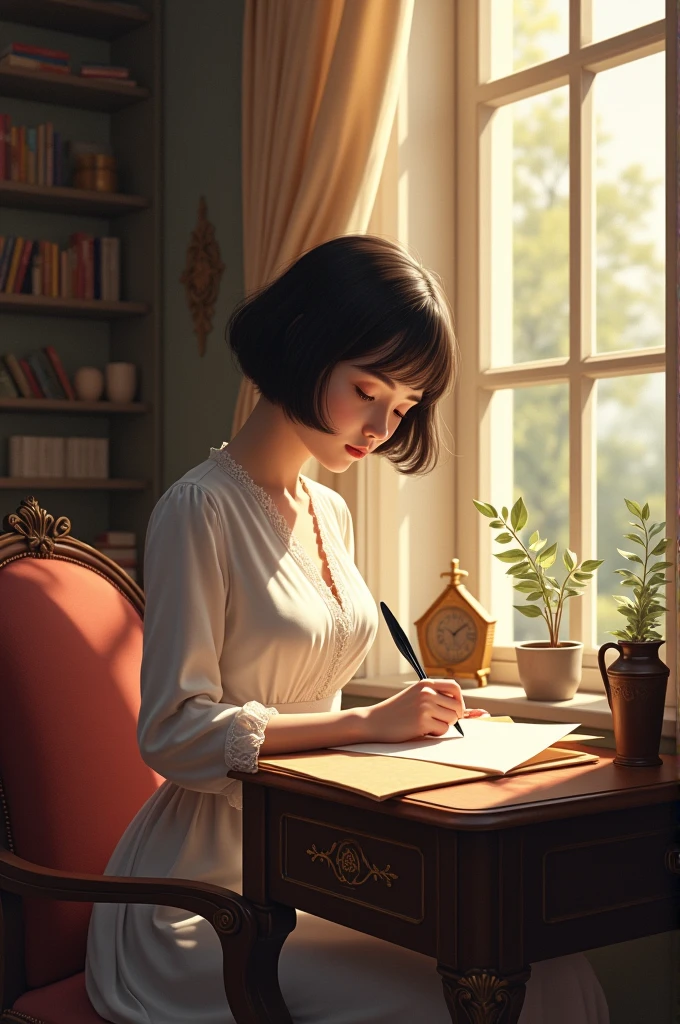 short hair sitting near the window in her room writing a letter with a quill pen.