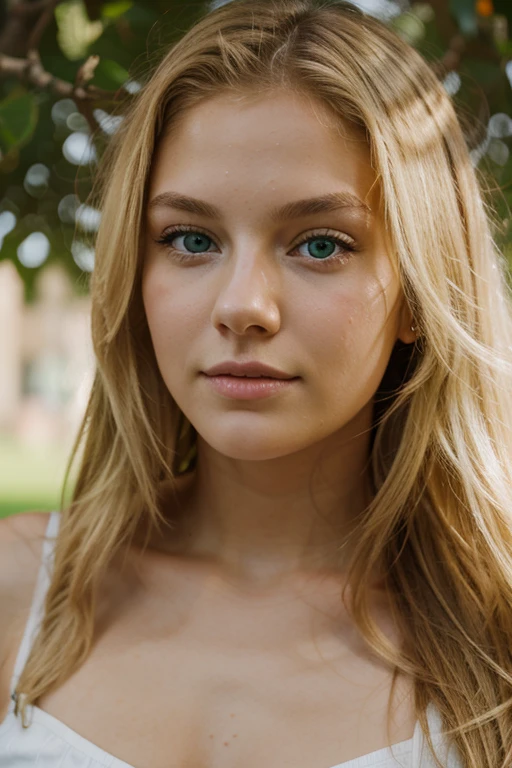 Portrait of a 22-year-old blonde girl with green eyes