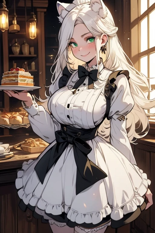 Perfect face. Perfect hands. A young white haired woman with green eyes with white wolf ears and a fluffy white wolf tail in a Lolita maid outfit is serving dinner in a fancy made cafe with a big smile