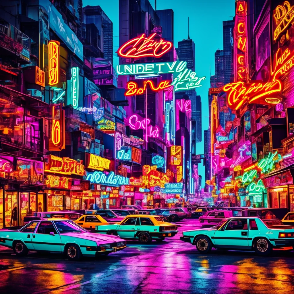 a colorful 80s city full of neon, cars and happy people

