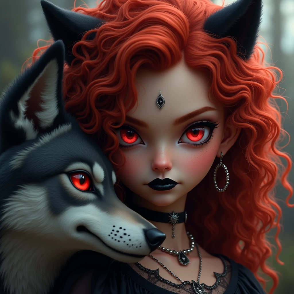 Princess with black lips, fierce cute face, red eyes, red curly hair,red eyes wolf beside . With cute  fierce face 
guys 