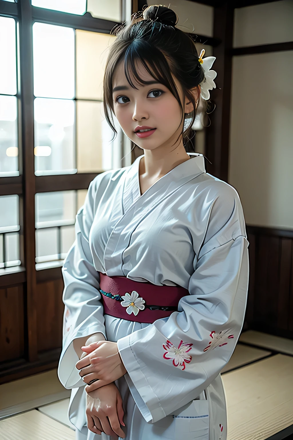 (Tabletop, Highest quality:1.4), Beautiful Face, 8k, 85mm, Absurd,、((Traditional Japanese room(with futon)))、((White floral yukata:1.4)), ((Cowboy Shot:1.4))、Delicate, alone, ((Single hair bun:1.4))、night, View your viewers, Upper Body, Film Grain, chromatic aberration, Sharp focus, Face Light, Professional Lighting, Sophisticated, (smile:0.4), (Simple Background, Bokeh Background:1.2), Detailed aspect