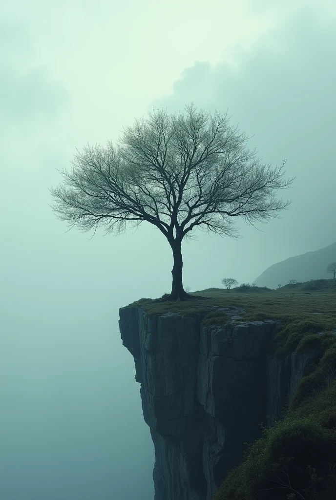 Take a realistic photo of a beautiful small tree on a cliff, on a cloudy and cold day, where the tree signifies hope