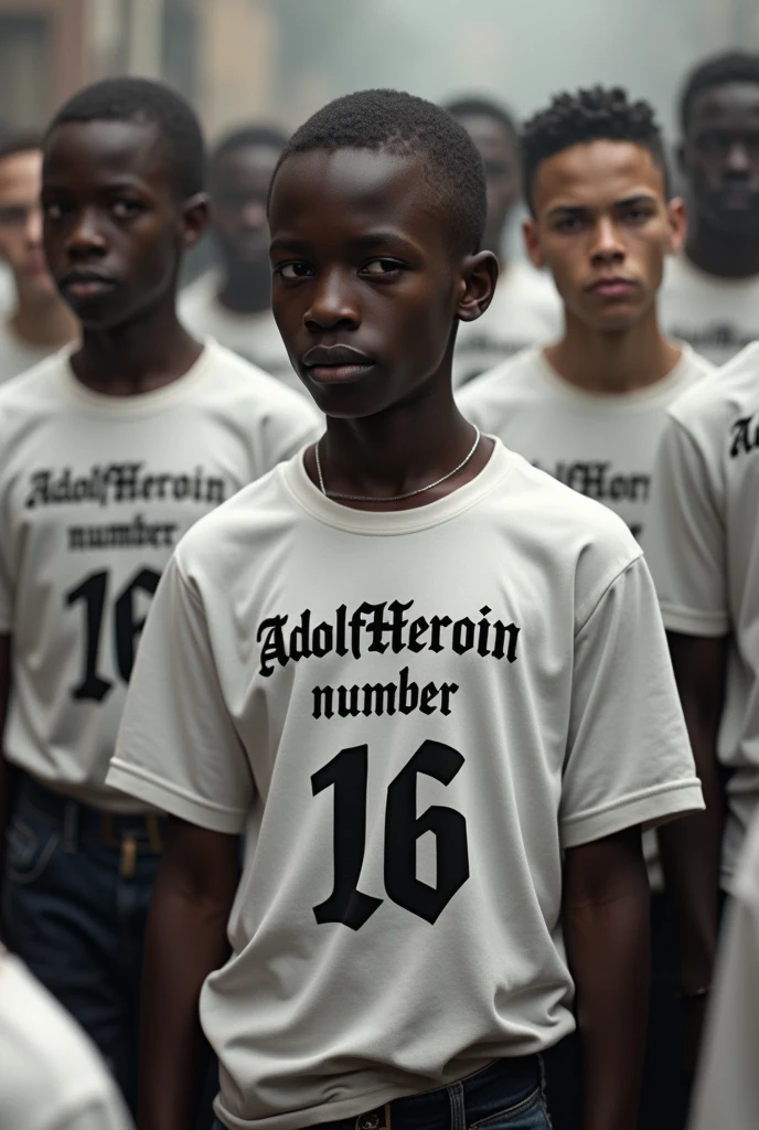 An African boy wearing a black shirt written AdolfHeroin number 16 while standing in a crowd of white boys also wearing red shirts written AdolfHeroin number 16
