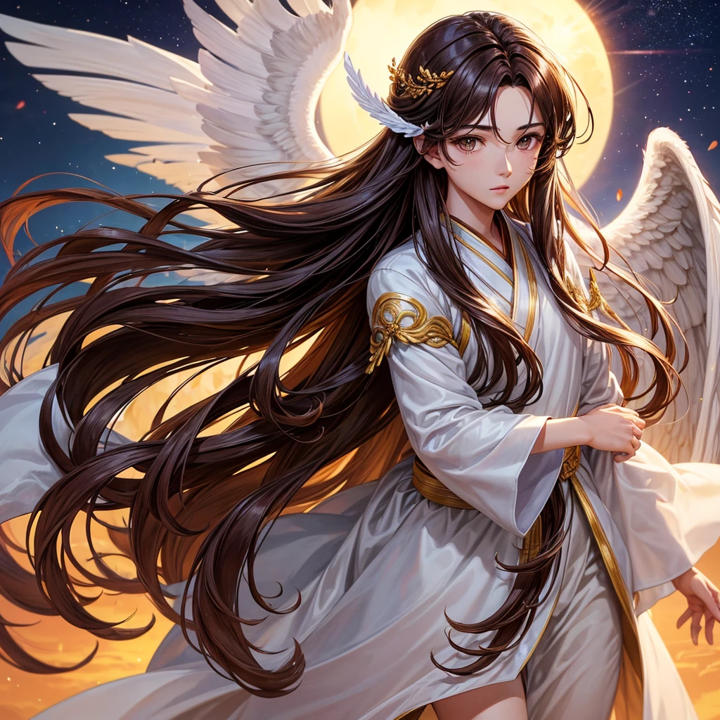 Male character with brown eyes, with firmness and magnanimity. Long brown hair illuminated by the sun. Made an angel of God here on earth. Elegant like a Korean drama heaven. With an oval face, heavenly nose.