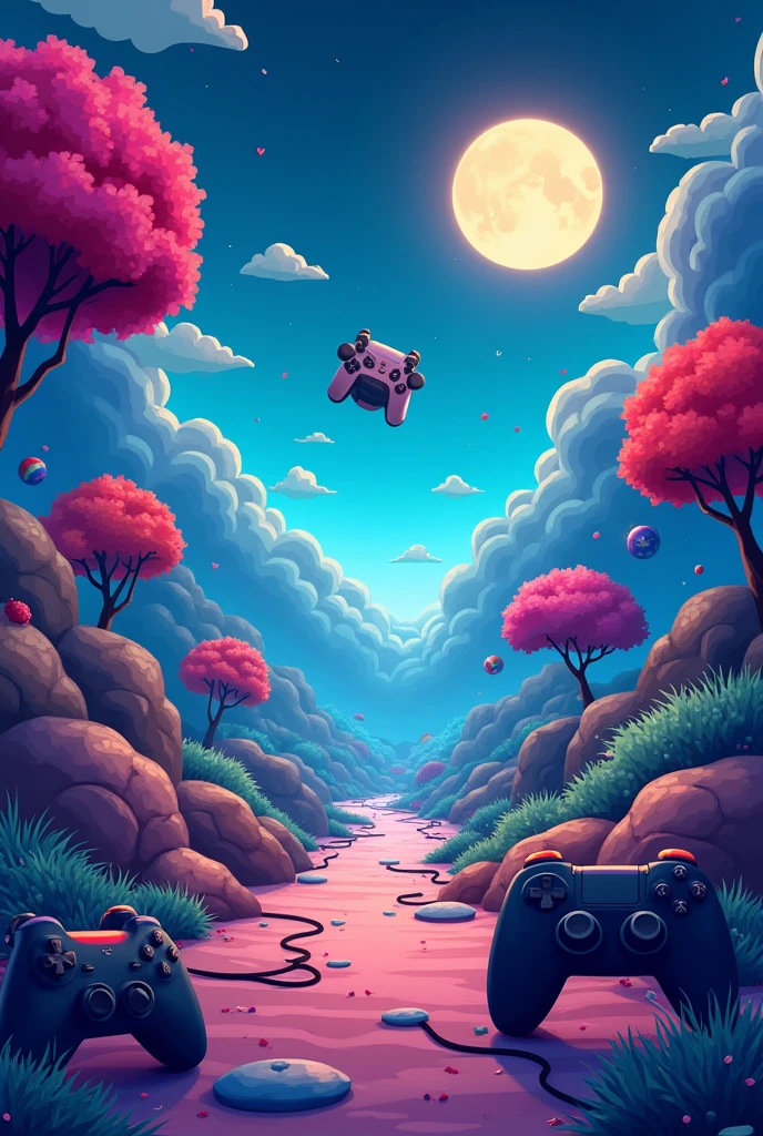 I want a banner for my YouTube channel about games that is well-made and in a cartoon style that has to do with games and that is not childish and that does not have random children in the image and that does not have any kind of being in the image I don't want even humans or animals or robots or anything. And let it be in a setting that takes place in some game