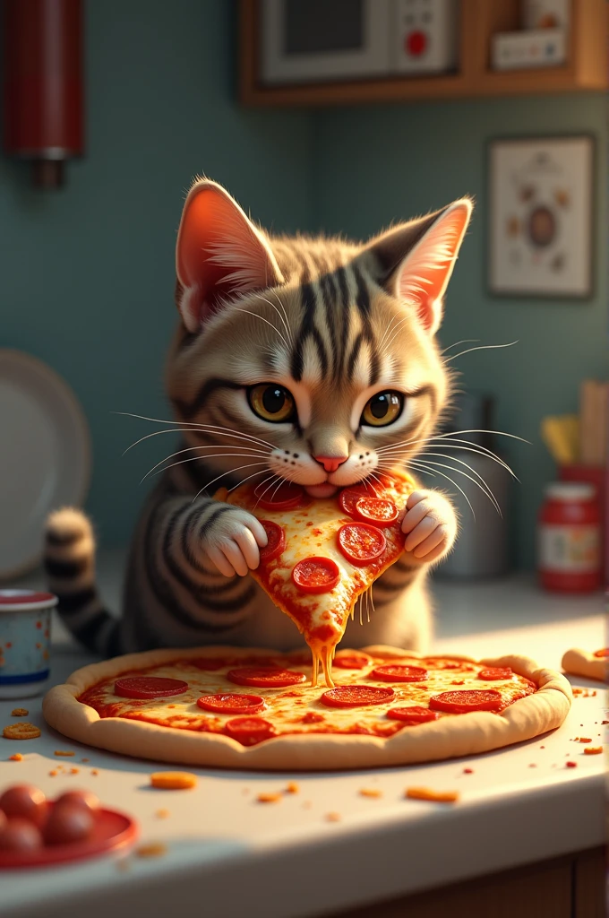 A cat eating pizza 
