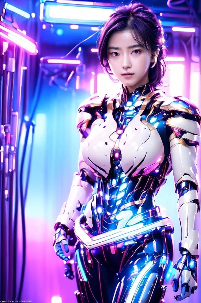 Highest quality, masterpiece, figure, (Realistic, photo-Realistic:1.37), wonderful, In detail, Incredibly absurd, Large file size, Very detailed, High resolution, Very detailed CG Unity 8k wallpaper, Very detailed目と顔, Ray Tracing, Browsing Caution, NUDE, One girl, Korean cyborg girl is innocent and young々Has a sly expression. She poses boldly with her arms raised above her head, Revealing her voluptuous figure. She is wearing a small black mecha armor top that barely covers her breasts., Exposing most of her flawless skin. Her shoulders and head have more armor detailing.、There are shining highlights, Tech Panels and Mechanisms. She is standing against a futuristic cityscape lit up with vibrant neon lights.、Standing full of energy。.