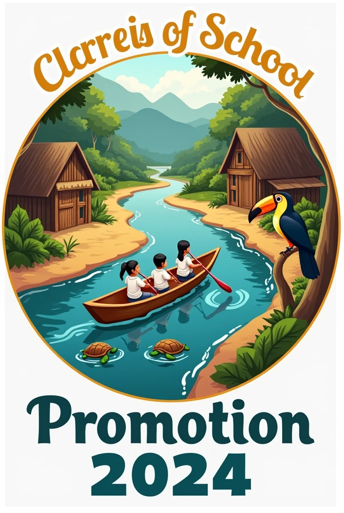 Create a graduation logo in a circle with "Promotion" at the top and "2024" at the bottom. The background should include a river, a dirt road, some wooden houses, and a large toucan. In the river, there should be indigenous children wearing white shirts, paddling a small wooden boat for school. At the bottom of the logo, there should be two turtles. 