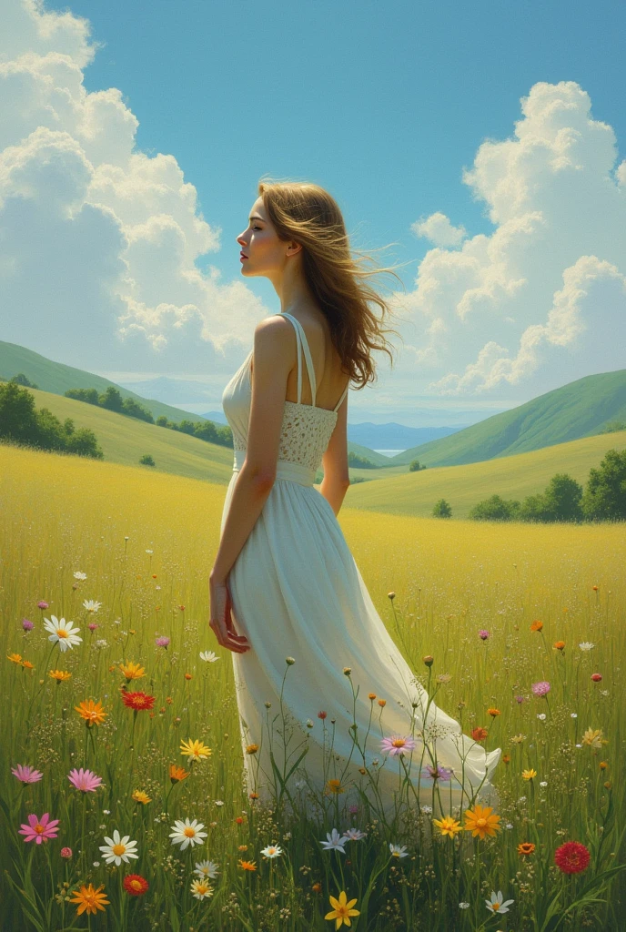 Create an image of a woman in a field debating love between her mind and her heart.