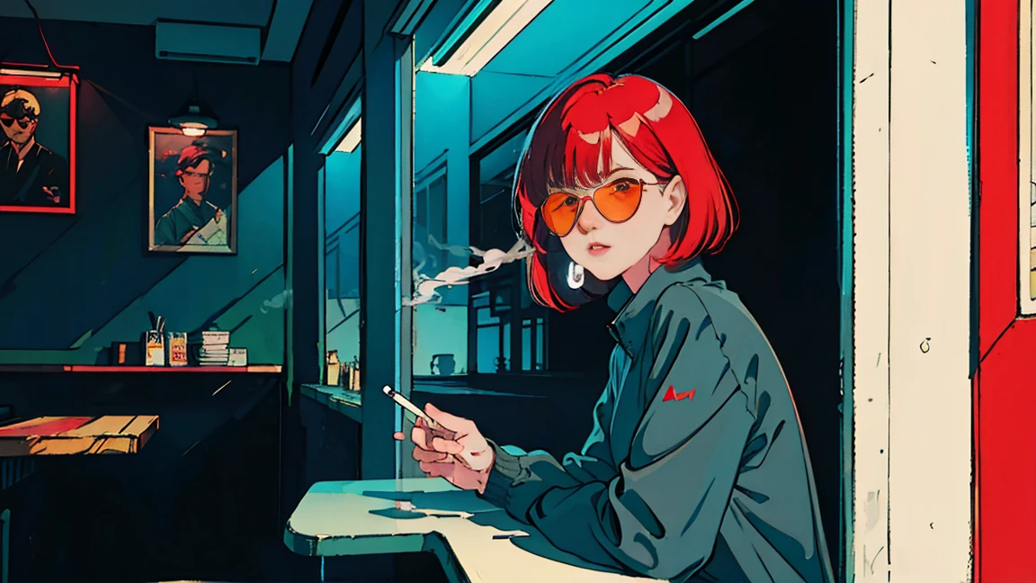 Asian beauty with red hair sitting in diner at night, looking through window, perfect face, sunglasses, smoking white Taylormade cigarette, neon black, (backlight: 1.1), hard shadow, masterpiece, top quality, complex, model shooting style, vintage, film grain