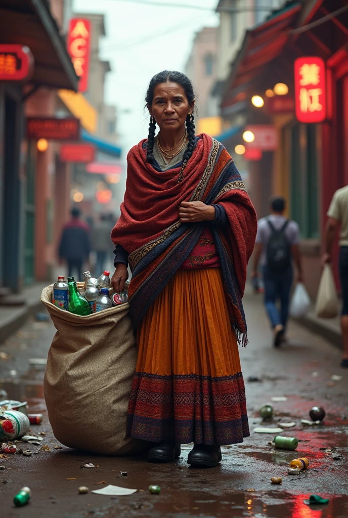 Aymara woman in a traditional skirt (bolivian) on a street full of nightclubs collecting recyclable materials carrying a huge bag full of them (Bottles, cans, papers) in realistic style