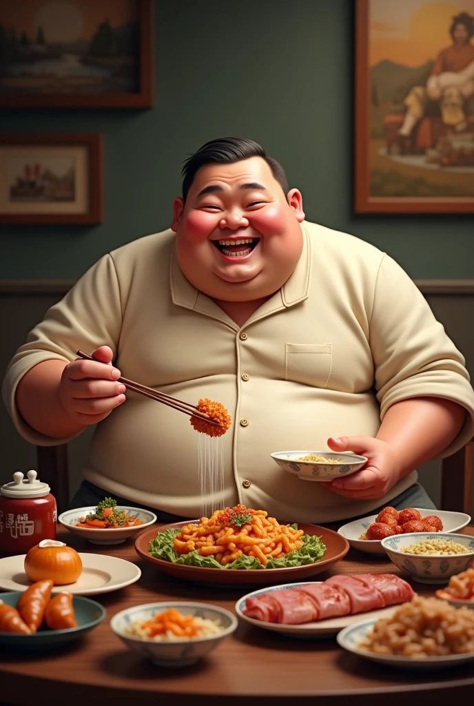 Big fat Asian man eating food
