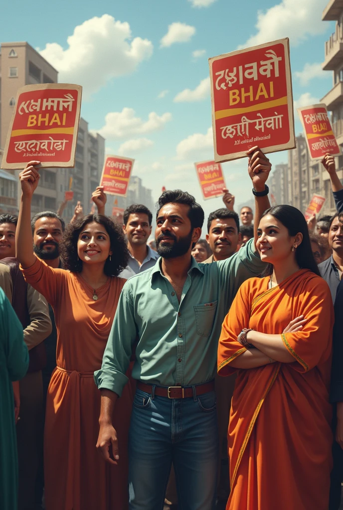 Make a realistic design in which people holding posters on which kshitij bhai zindabad is written