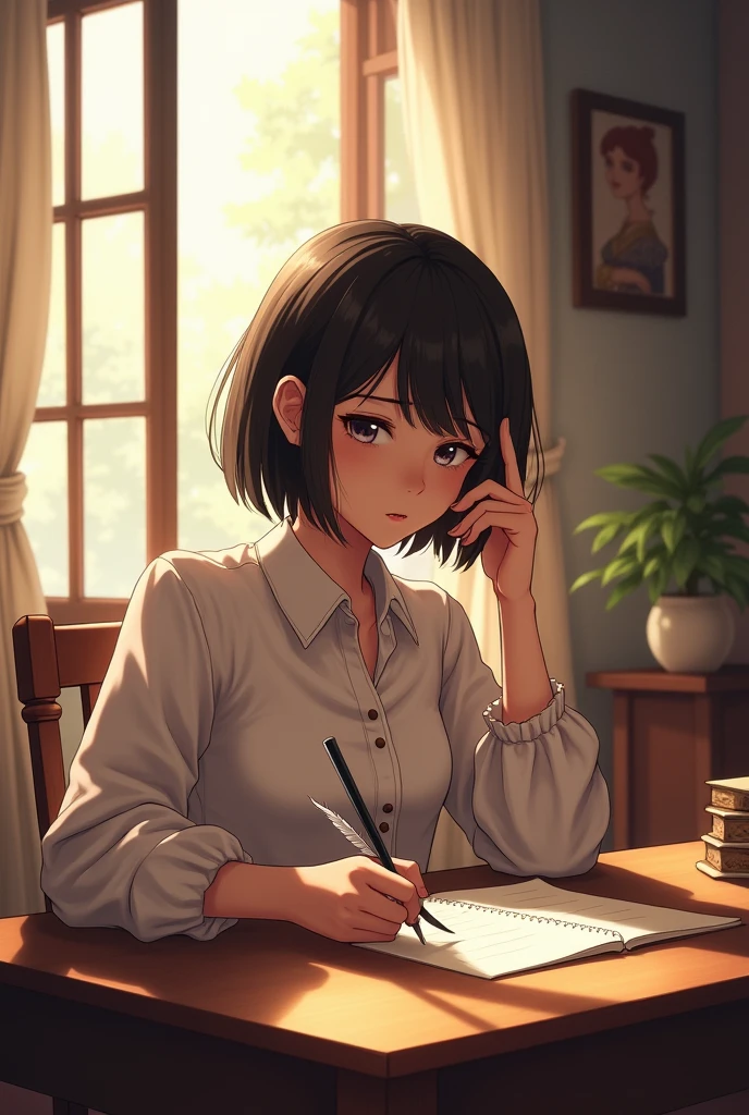  with short hair reaching her shoulders, she sat near the window in her room, writing a letter with a quill pen.