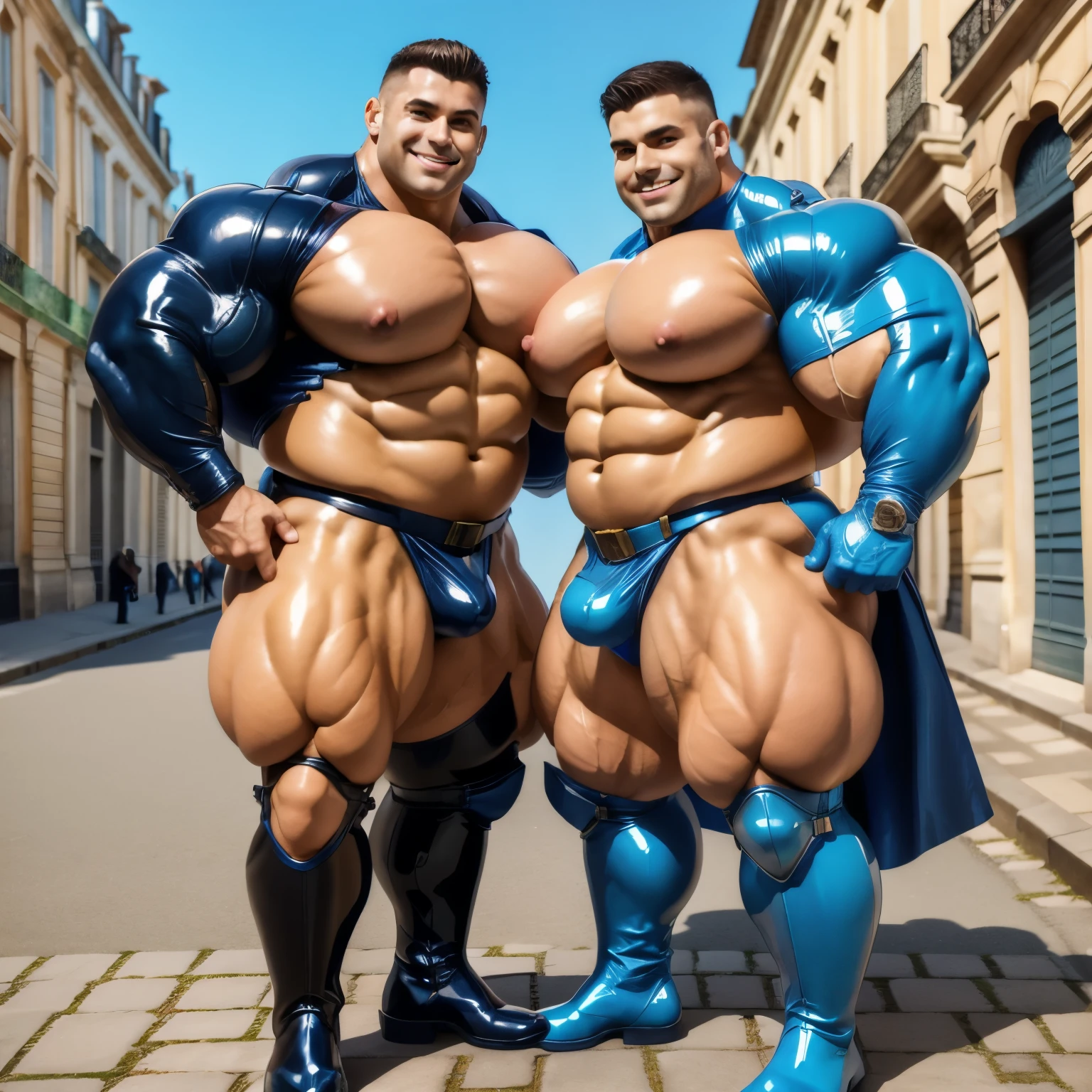 full view full body, two over- muscular very attractive white european bodybuilded young men with light-brown undercut clean haircuts, wearing tight navy-blue police uniforms, skintight buff straps, latex rubber boots tight bara, gay full-bodied bodysuit , gloves , smiling, shiny black mortorbike, bulges and pecs are touching, pressing. street in Versailles, France. Boots are visible