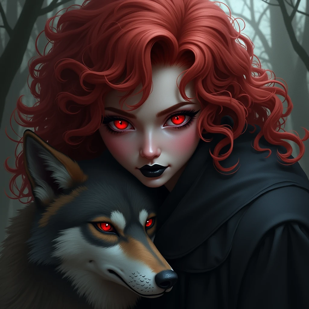 Princess with black lips, fierce cute face, red eyes, red curly hair,red eyes wolf beside . With cute fierce face
guy