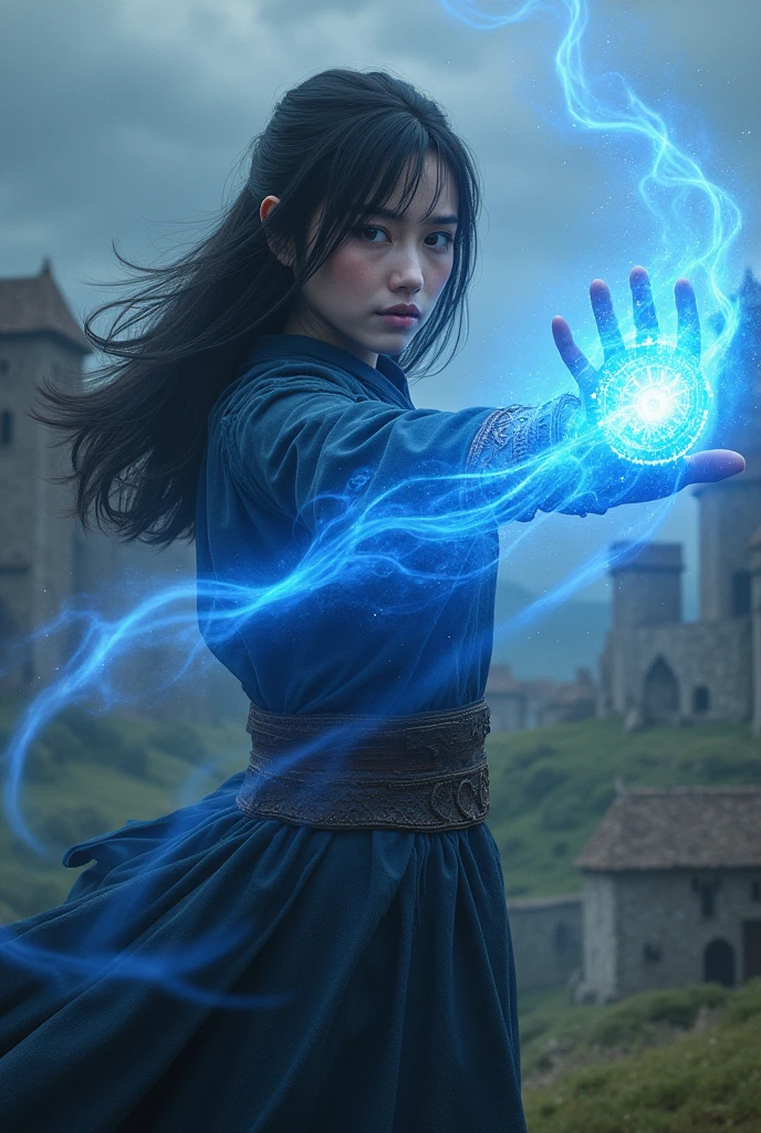 a one woman , medium straight black hair, eyes browns,  receiving blue power in one of their arms, medieval style