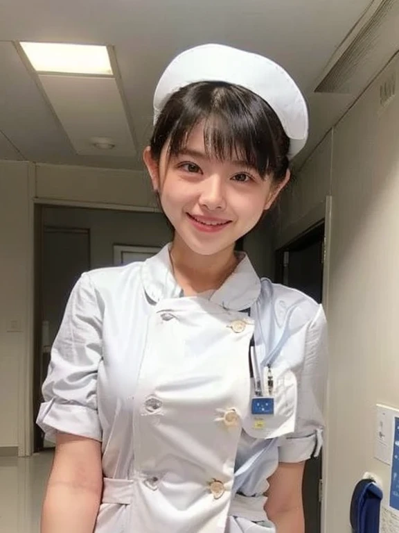 woman, alone, (Wearing white nurse clothes:1.2), (Bobcut), Shortcuts,bangs, Black Hair, nurse, Perfect Anatomy, nurse uniform, (Nurse cap), (White costume), Long skirt, hospital, smile