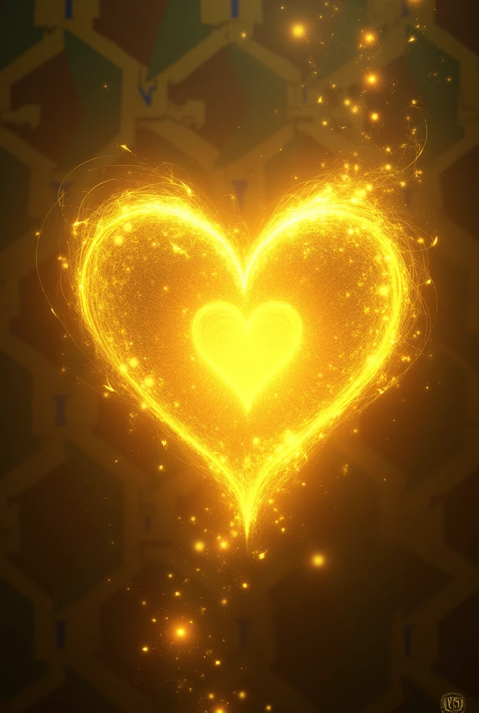 Yellow heart with magical star dust and yellow crystal sparkles with very elegant shapes with HUFFLEPUFF background 