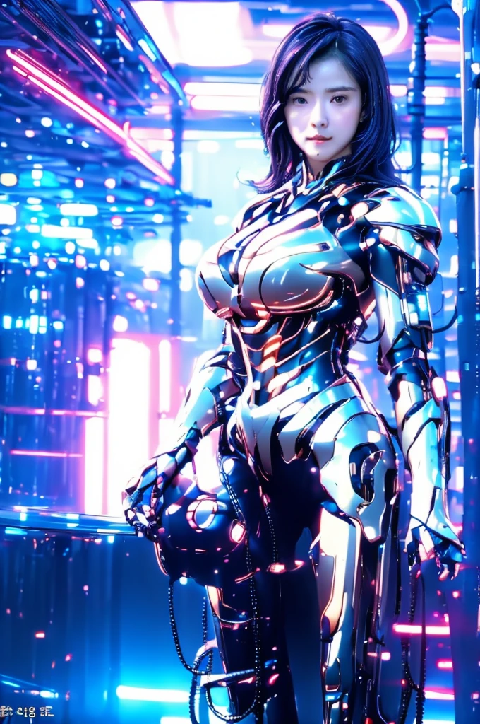 Highest quality, masterpiece, figure, (Realistic, photo-Realistic:1.37), wonderful, In detail, Incredibly absurd, Large file size, Very detailed, High resolution, Very detailed CG Unity 8k wallpaper, Very detailed目と顔, Ray Tracing, Browsing Caution, NUDE, One girl, Korean cyborg girl is innocent and young々Has a sly expression. She poses boldly with her arms raised above her head, Revealing her voluptuous figure. She is wearing a small black mecha armor top that barely covers her breasts., Exposing most of her flawless skin. Her shoulders and head have more armor detailing.、There are shining highlights, Tech Panels and Mechanisms. She is standing against a futuristic cityscape lit up with vibrant neon lights.、Standing full of energy。.